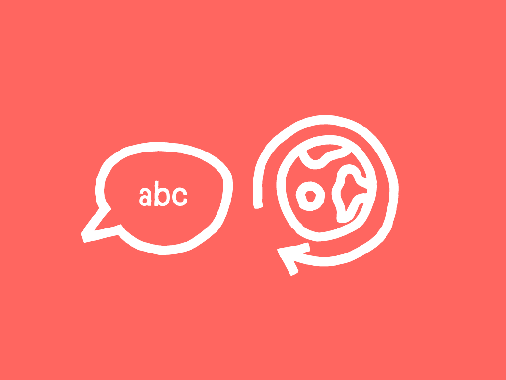 Sprechblase mit ABC und Weltkugel auf rotem Hintergrund. 
