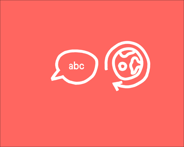 Sprechblase mit ABC und Weltkugel auf rotem Hintergrund. 