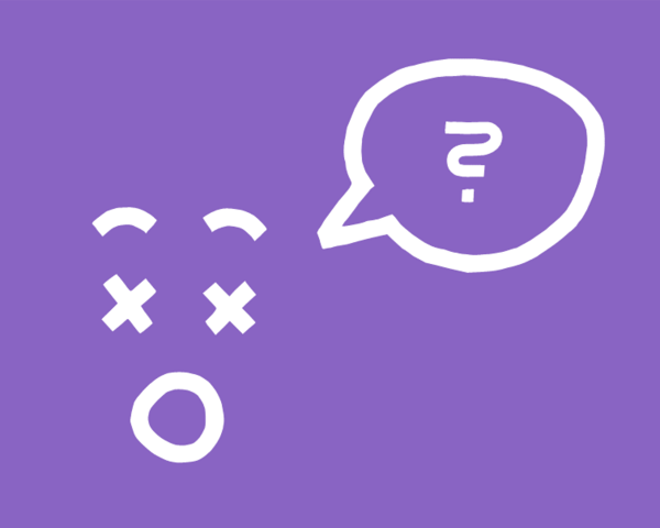 Erstauntes Icon Gesicht mit Fragezeichen-Sprechblase auf violettem Hintergrund